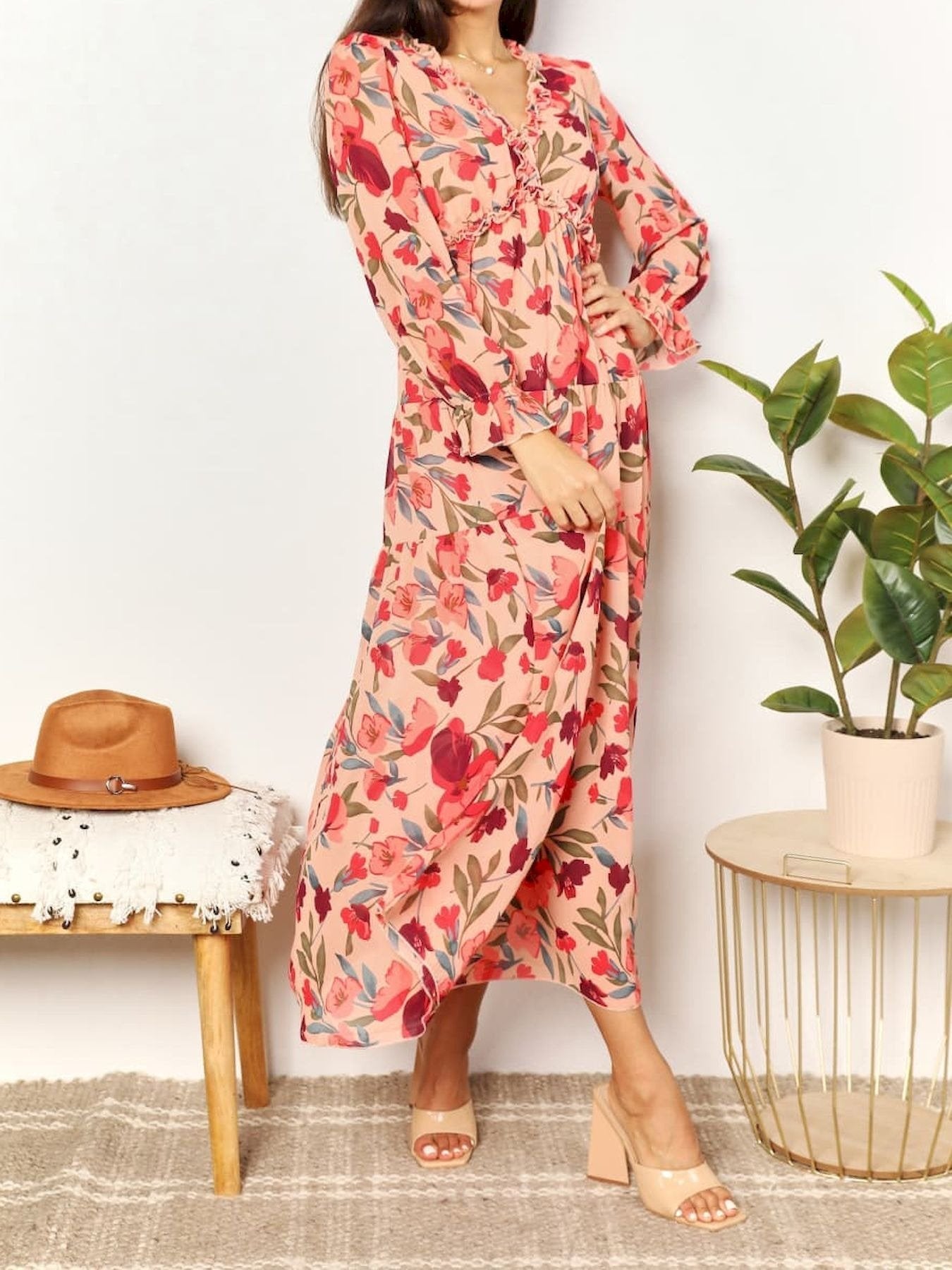Long Sleeve Floral Maxi Dress - allsose