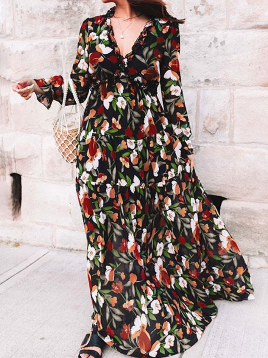 Long Sleeve Floral Maxi Dress - allsose