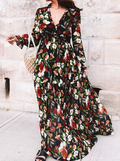 Long Sleeve Floral Maxi Dress - allsose