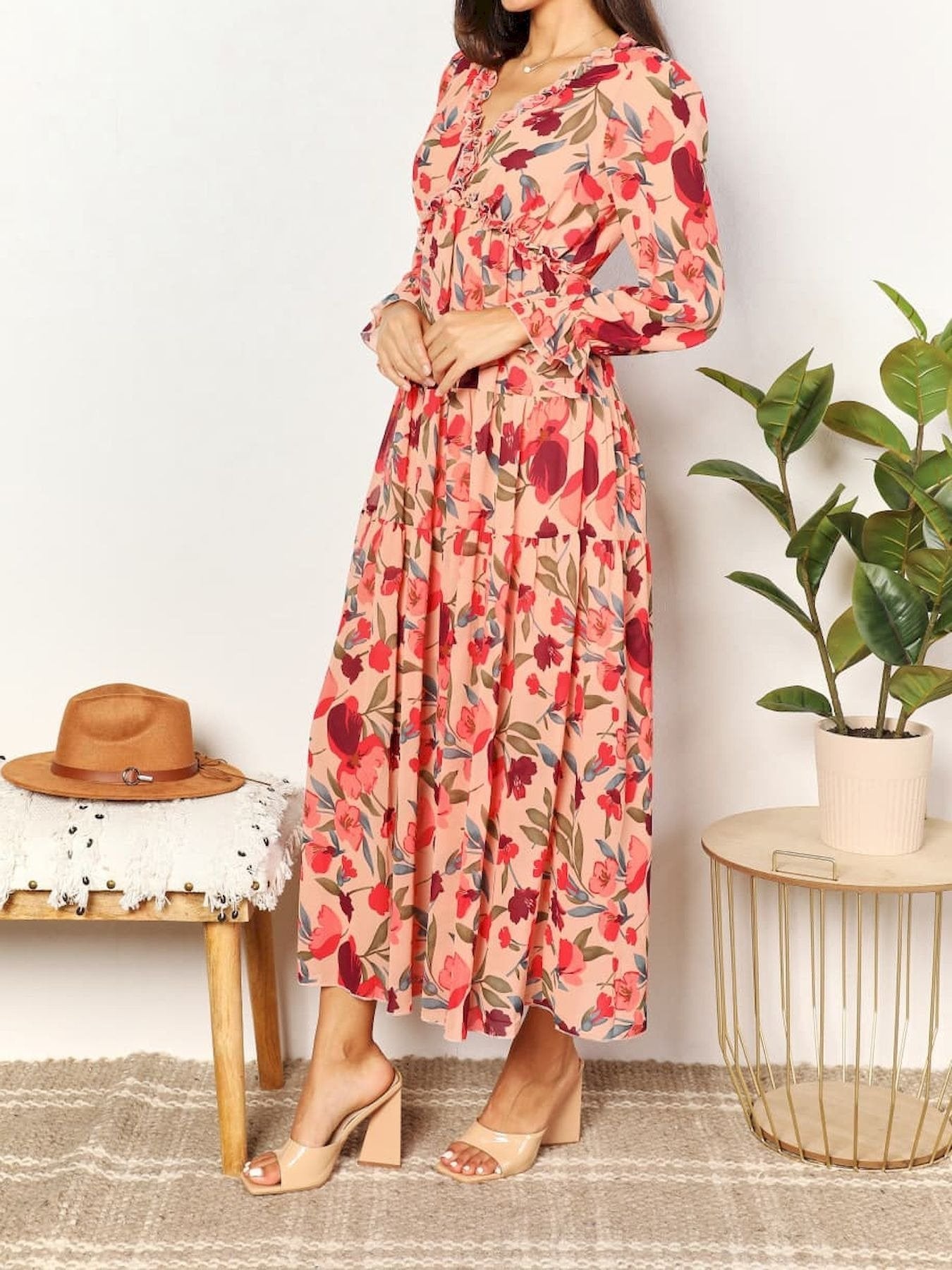 Long Sleeve Floral Maxi Dress - allsose