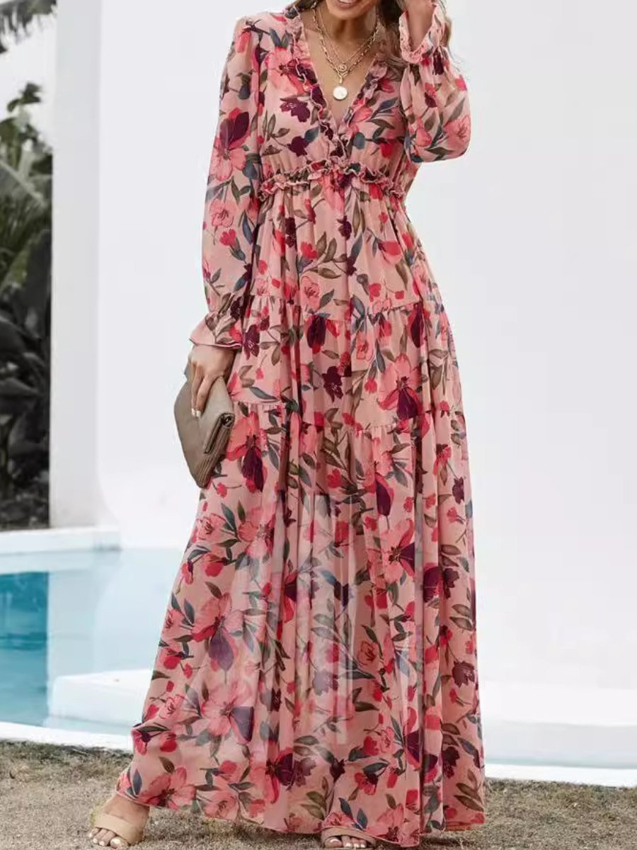 Long Sleeve Floral Maxi Dress - allsose