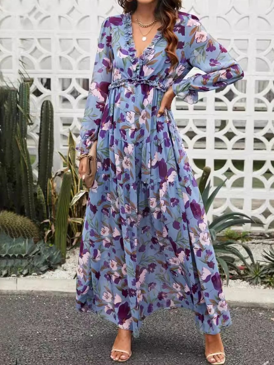 Long Sleeve Floral Maxi Dress - allsose