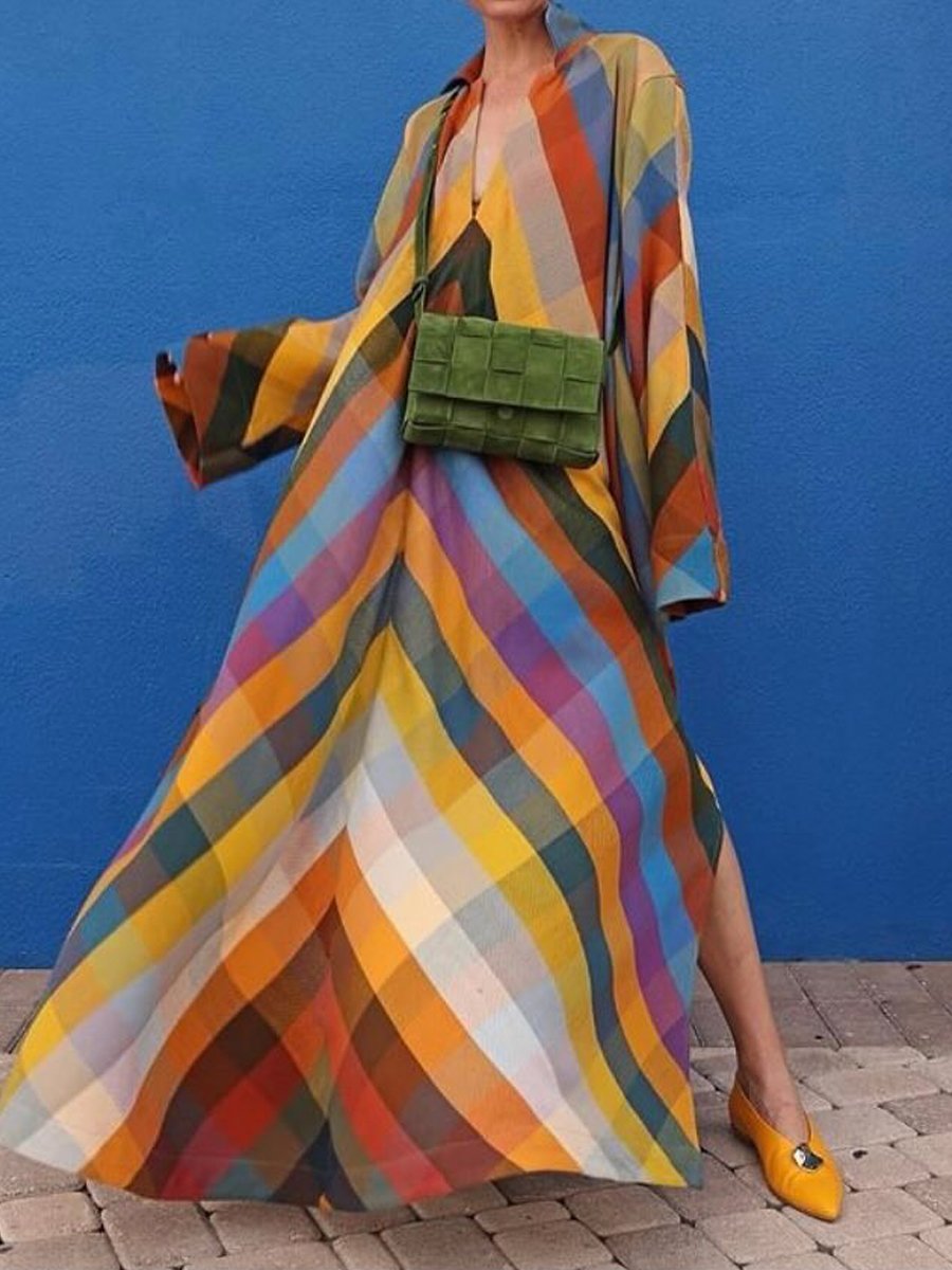 Loose Long Sleeve Color Block Side Split Maxi Dress - allsose