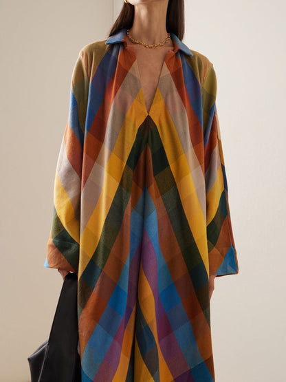 Loose Long Sleeve Color Block Side Split Maxi Dress - allsose