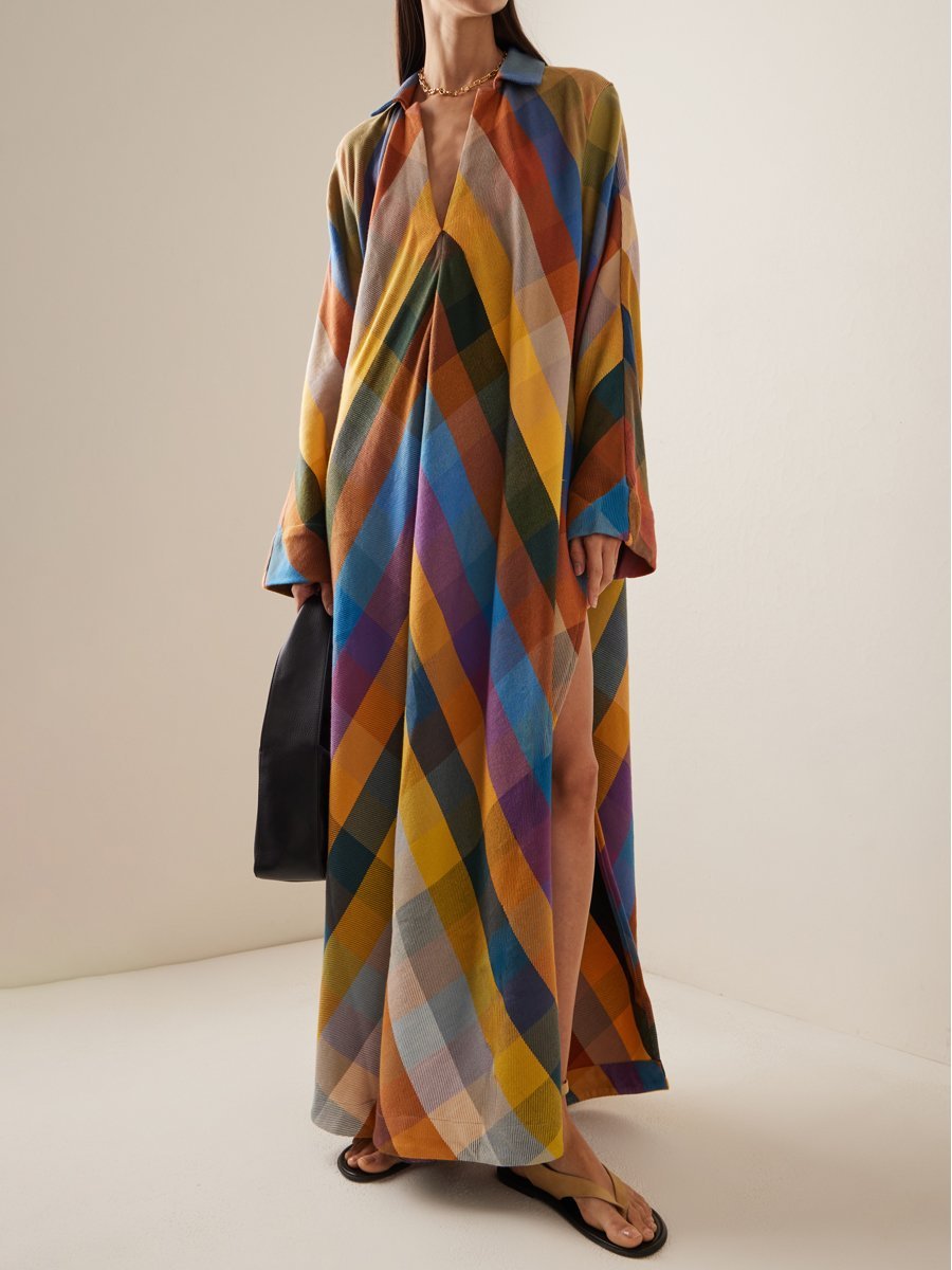 Loose Long Sleeve Color Block Side Split Maxi Dress - allsose