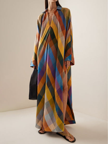 Loose Long Sleeve Color Block Side Split Maxi Dress - allsose