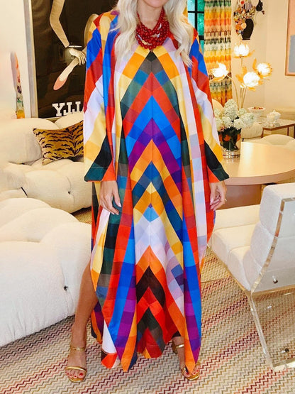 Loose Long Sleeve Color Block Side Split Maxi Dress - allsose