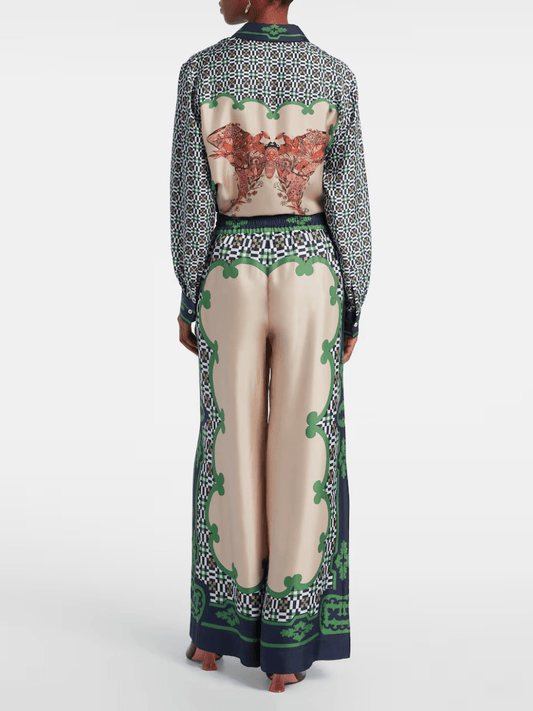 Luxury Ornate Border Print Wide - Leg Trousers - allsose