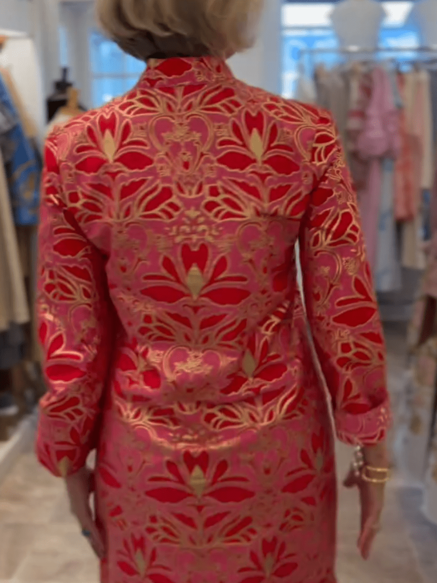 Luxury Red Pink Gold Floral Brocade Midi Dress - allsose