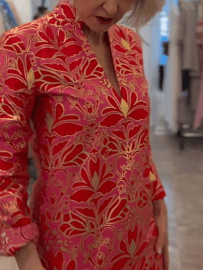 Luxury Red Pink Gold Floral Brocade Midi Dress - allsose