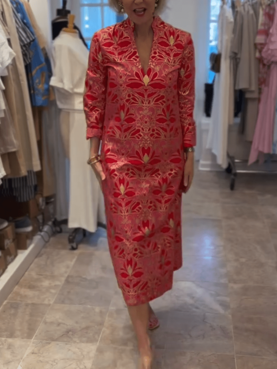 Luxury Red Pink Gold Floral Brocade Midi Dress - allsose