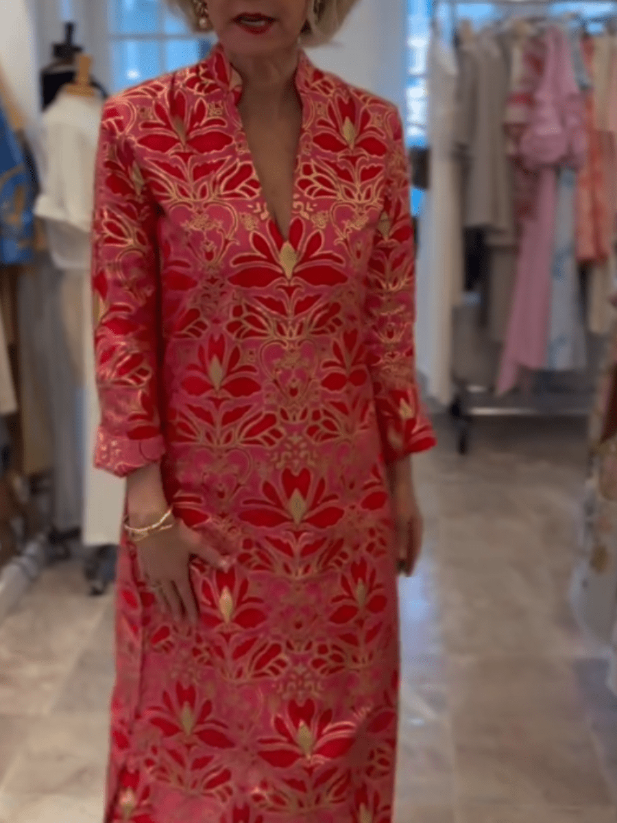 Luxury Red Pink Gold Floral Brocade Midi Dress - allsose