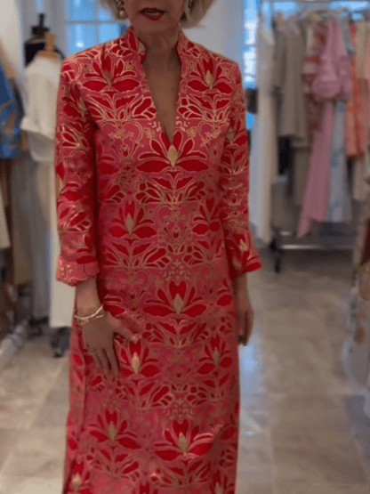 Luxury Red Pink Gold Floral Brocade Midi Dress - allsose