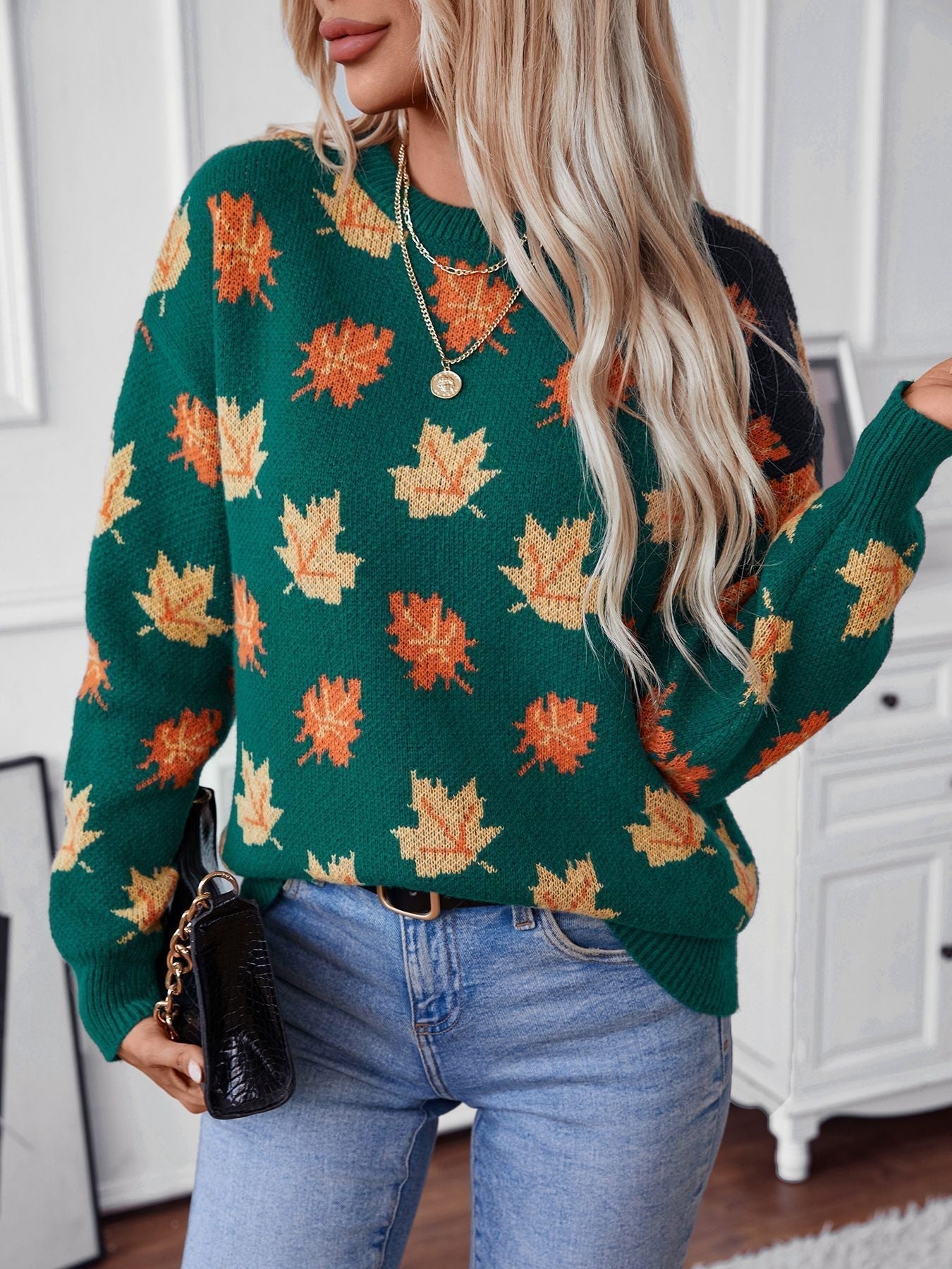 Maple Leaf Pattern Casual Knit Sweater - allsose