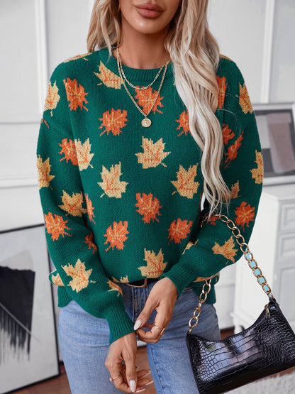 Maple Leaf Pattern Casual Knit Sweater - allsose