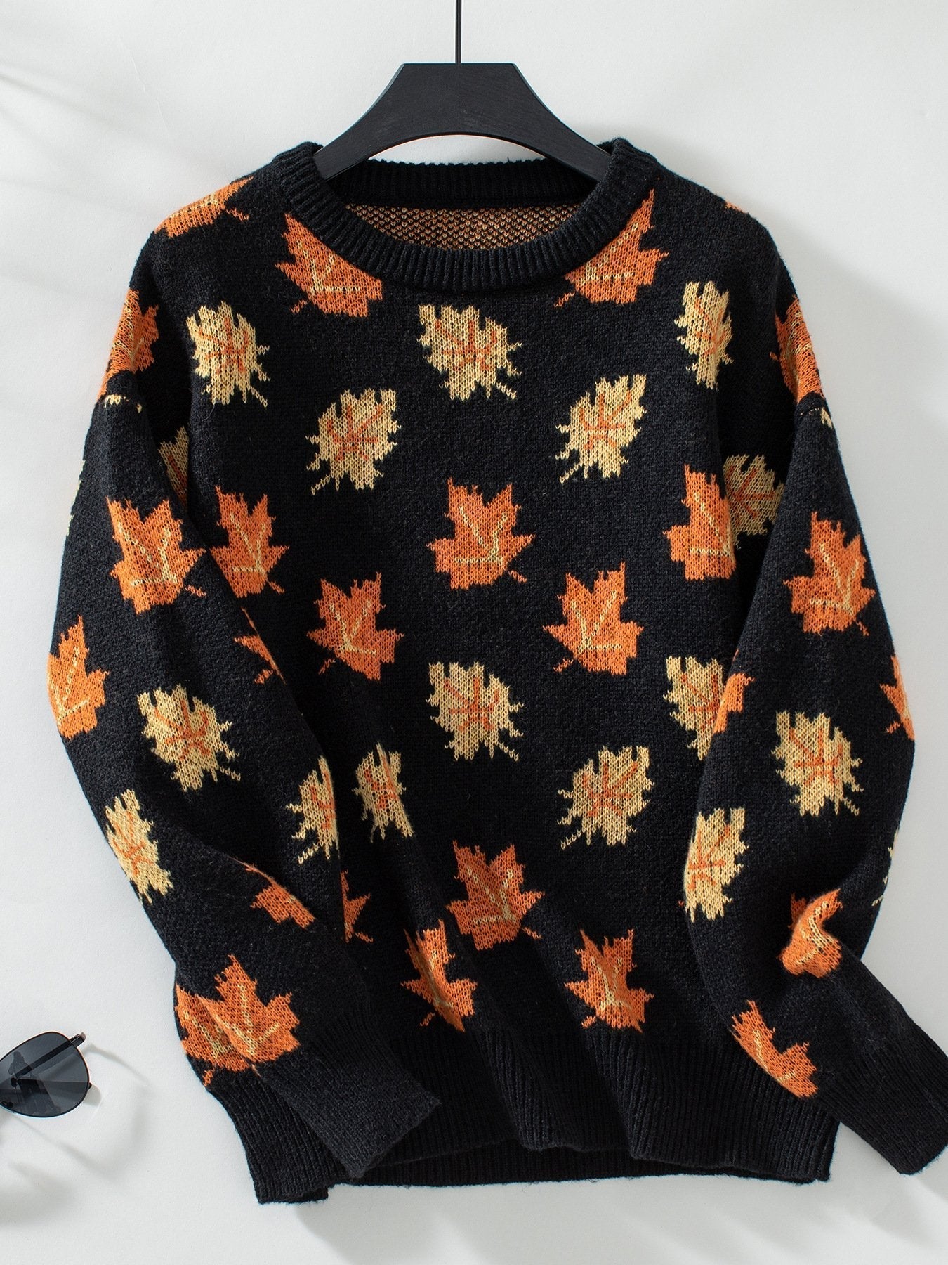 Maple Leaf Pattern Casual Knit Sweater - allsose