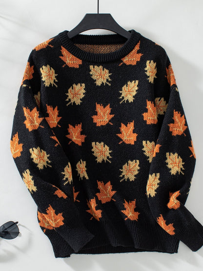 Maple Leaf Pattern Casual Knit Sweater - allsose