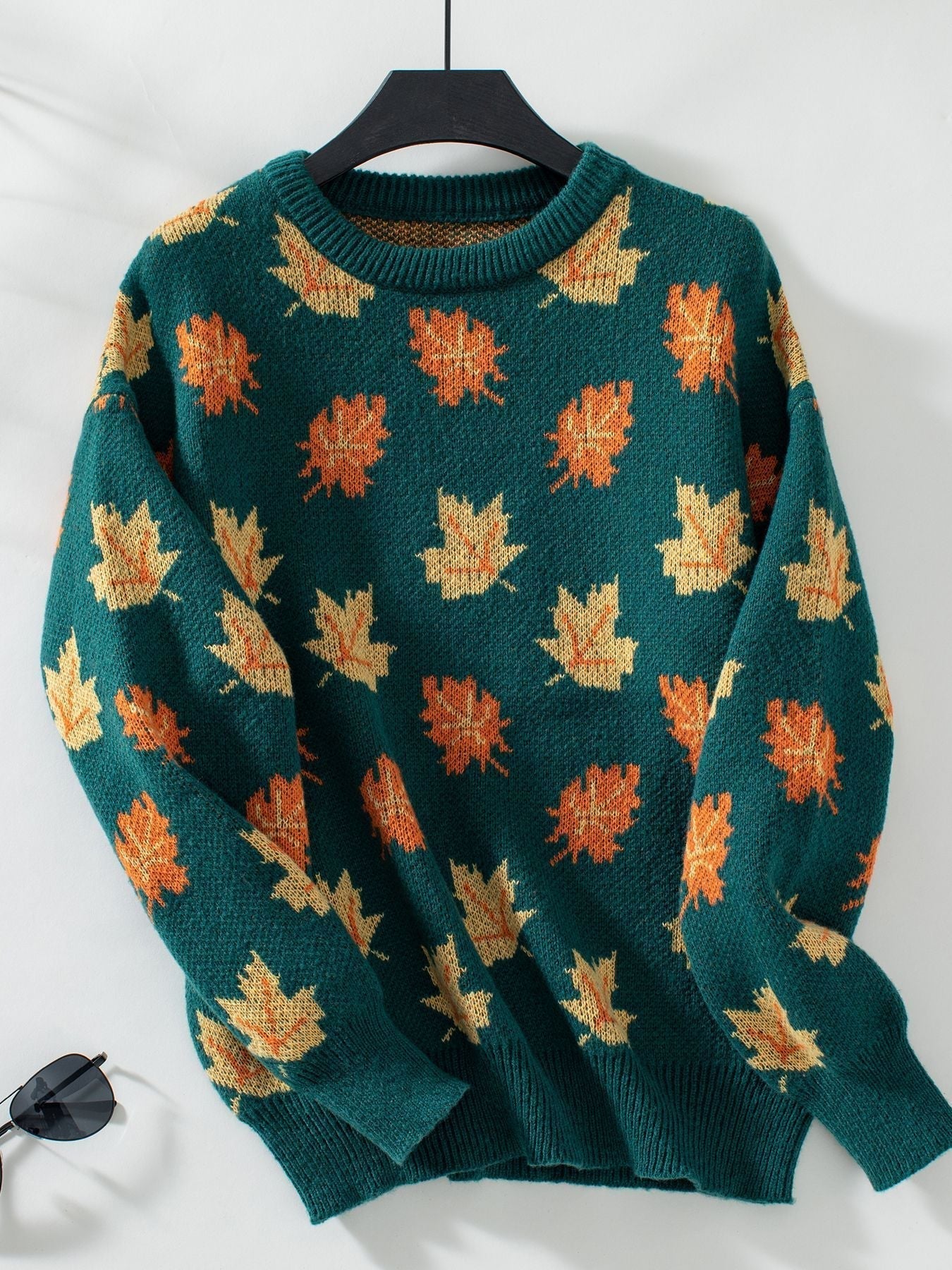 Maple Leaf Pattern Casual Knit Sweater - allsose