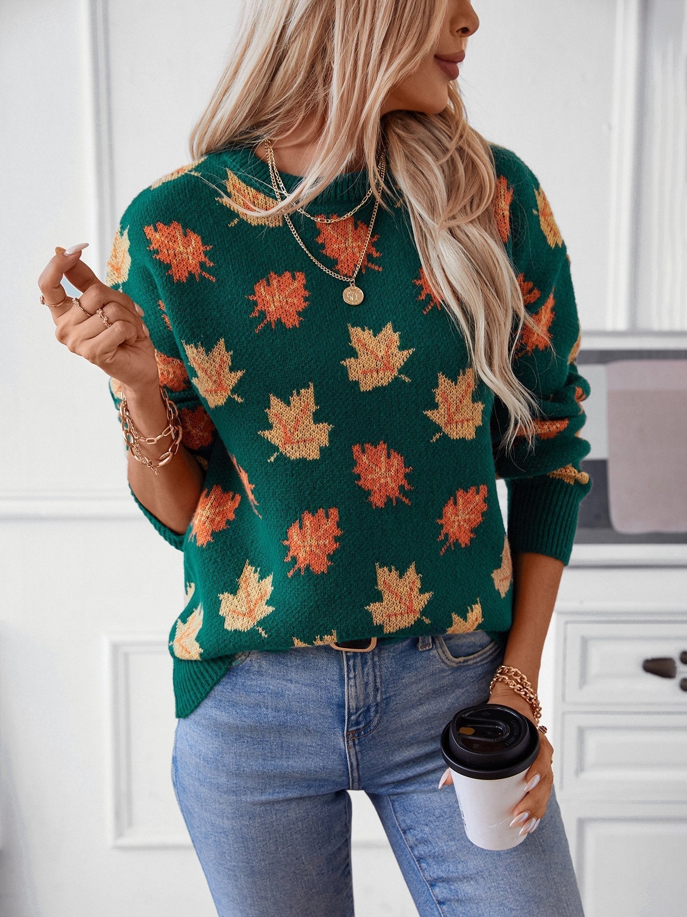 Maple Leaf Pattern Casual Knit Sweater - allsose