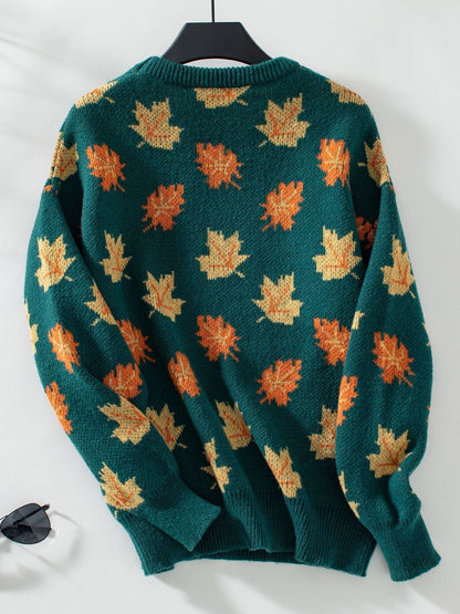 Maple Leaf Pattern Casual Knit Sweater - allsose