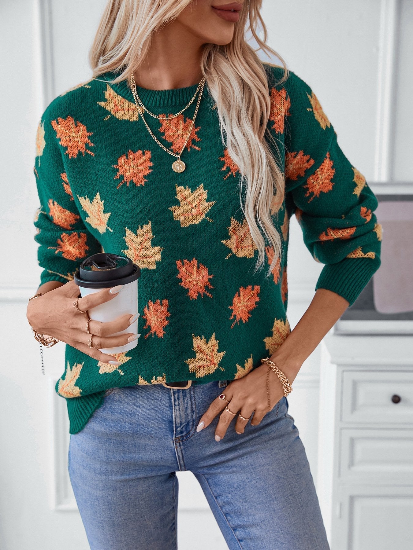 Maple Leaf Pattern Casual Knit Sweater - allsose
