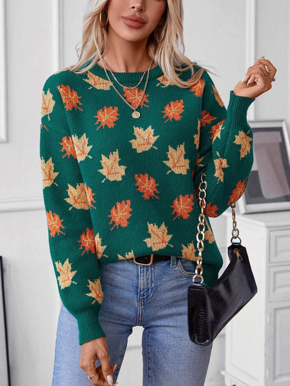 Maple Leaf Pattern Casual Knit Sweater - allsose