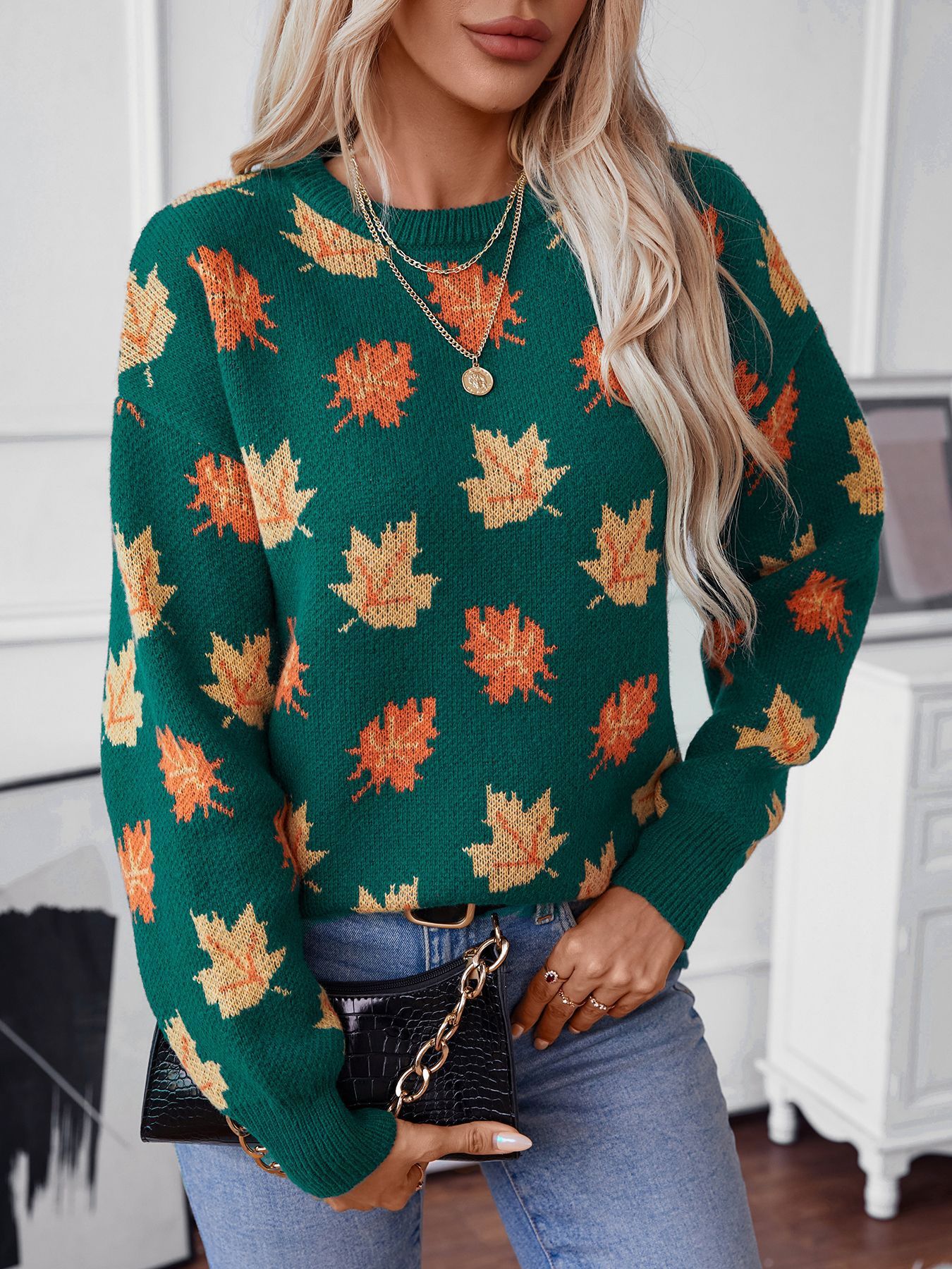 Maple Leaf Pattern Casual Knit Sweater - allsose