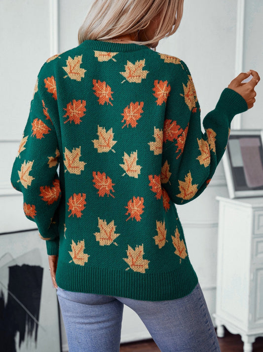 Maple Leaf Pattern Casual Knit Sweater - allsose