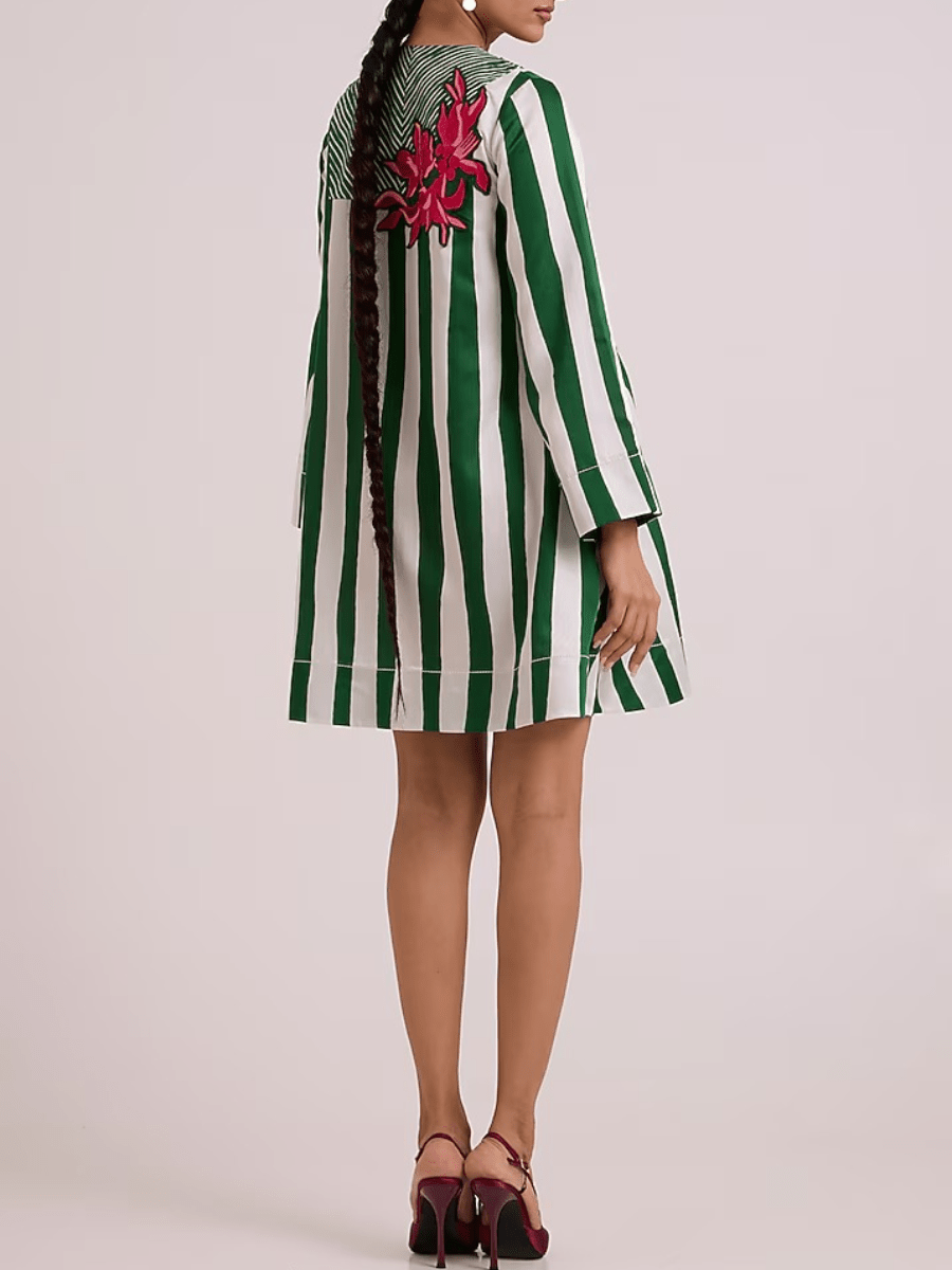 Multi - Colored Bemberg Cotton Satin Floral Printed Dress - allsose