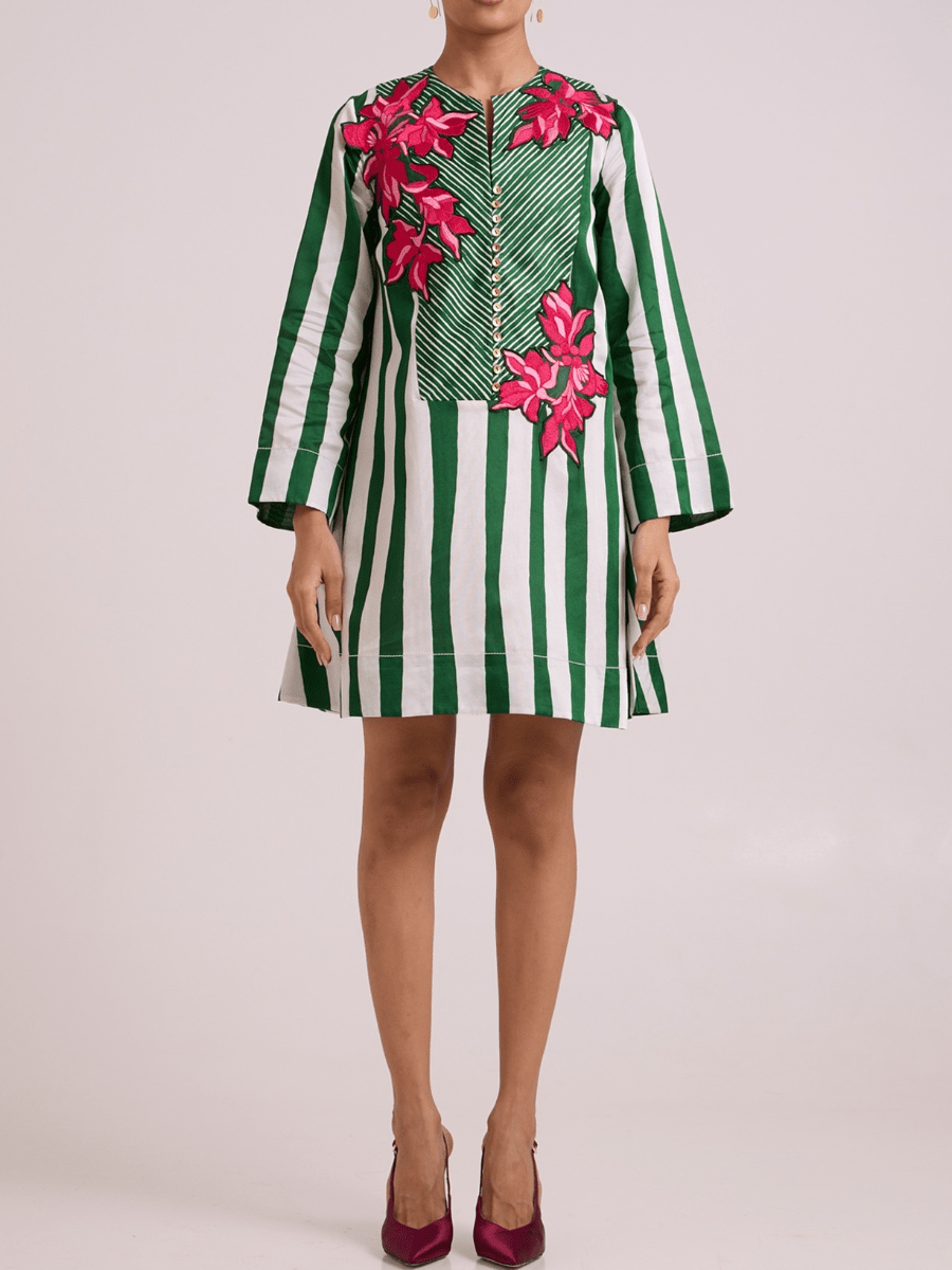 Multi - Colored Bemberg Cotton Satin Floral Printed Dress - allsose