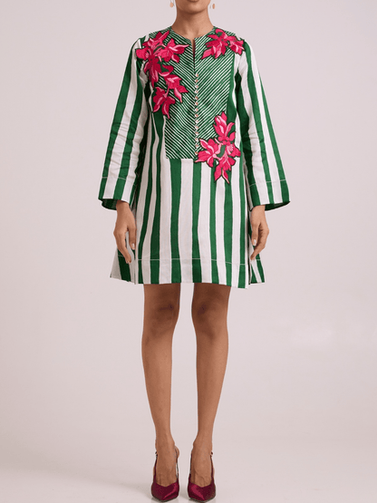 Multi - Colored Bemberg Cotton Satin Floral Printed Dress - allsose