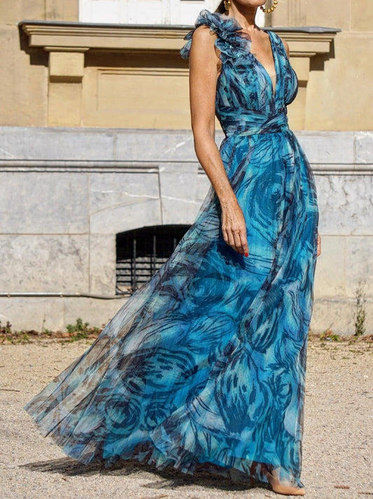 Multi - layered Blue Long Dress - allsose