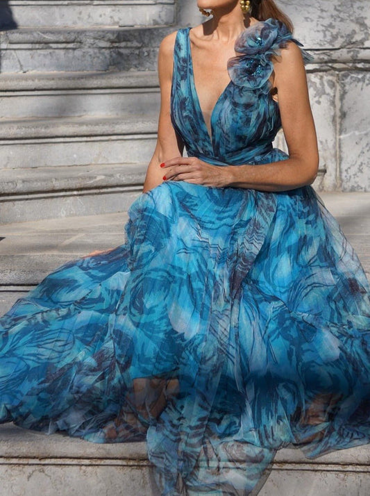 Multi - layered Blue Long Dress - allsose