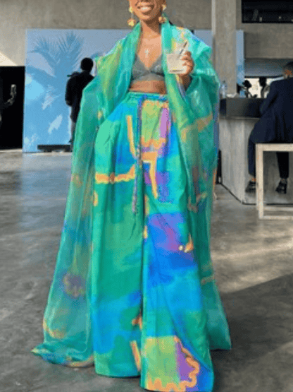 Multicolor Kimono Two Pieces Set - allsose