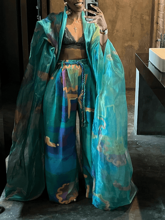Multicolor Kimono Two Pieces Set - allsose