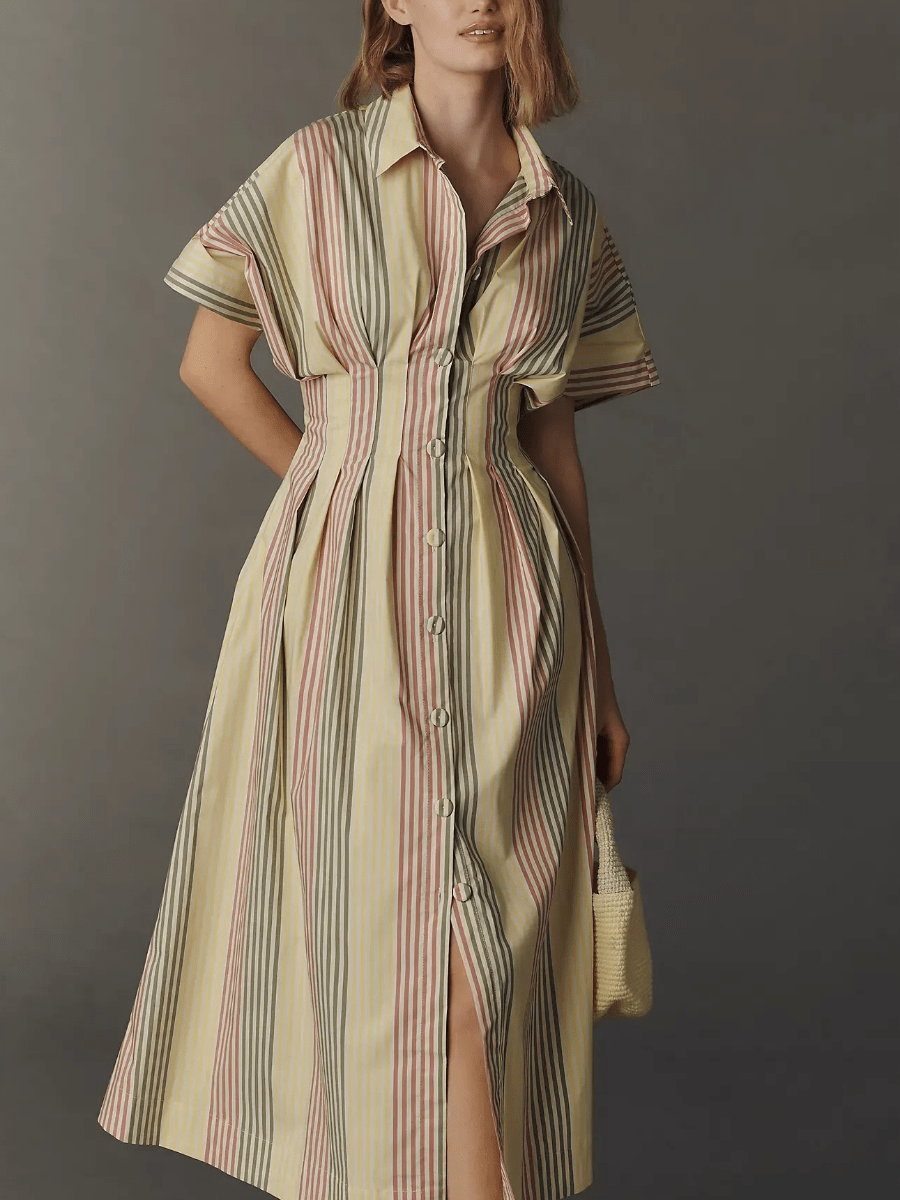 Multicolor Stripe Pleated Waist Cotton Midi Shirt Dress - allsose