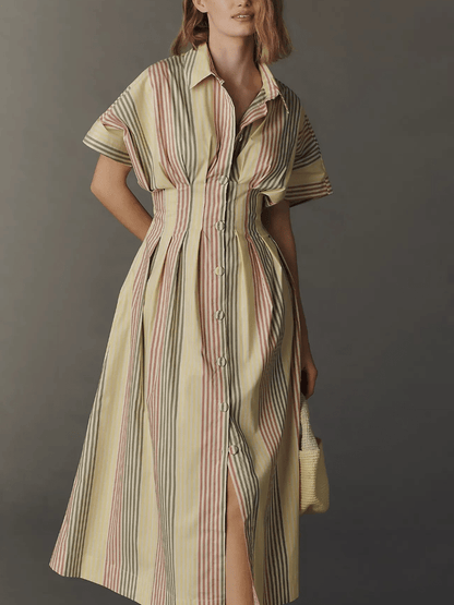 Multicolor Stripe Pleated Waist Cotton Midi Shirt Dress - allsose