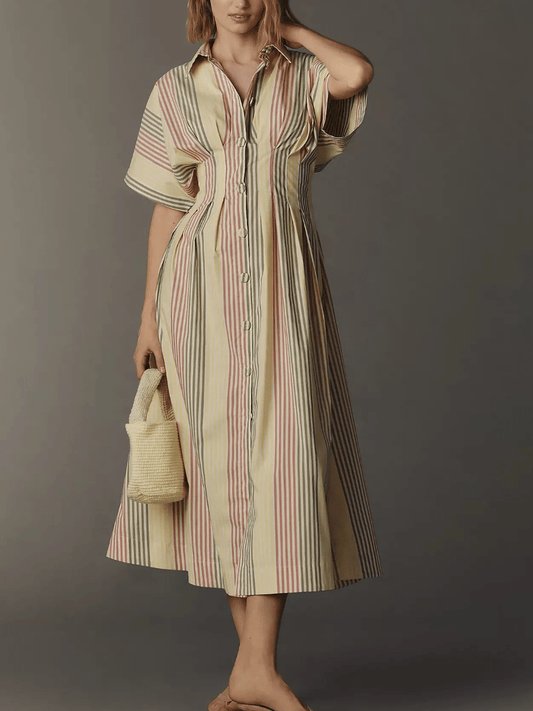 Multicolor Stripe Pleated Waist Cotton Midi Shirt Dress - allsose