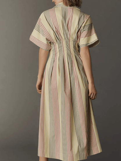 Multicolor Stripe Pleated Waist Cotton Midi Shirt Dress - allsose