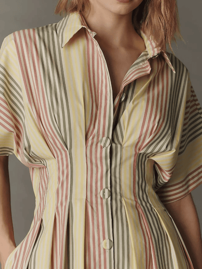 Multicolor Stripe Pleated Waist Cotton Midi Shirt Dress - allsose