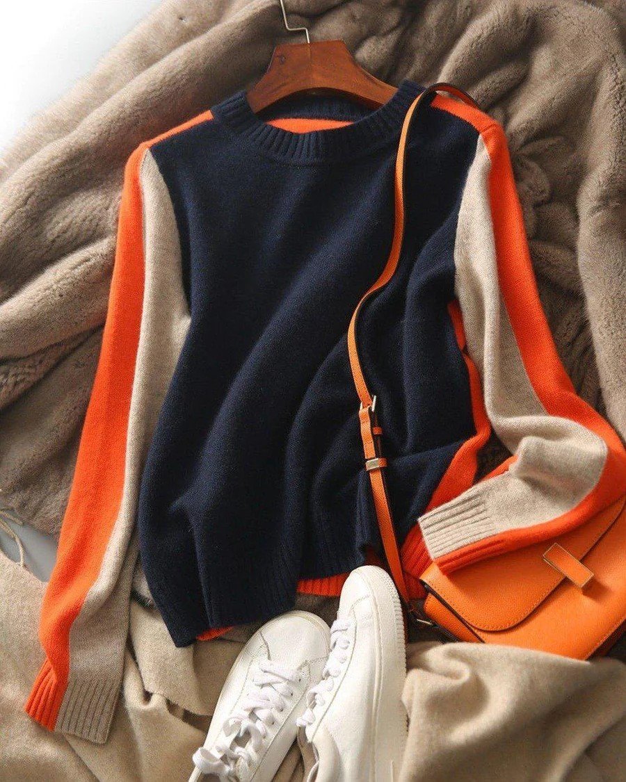 Navy and Orange Retro Stripe Sweater - allsose