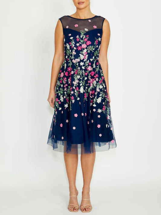 Navy and Pink Midi Dress Regular - allsose