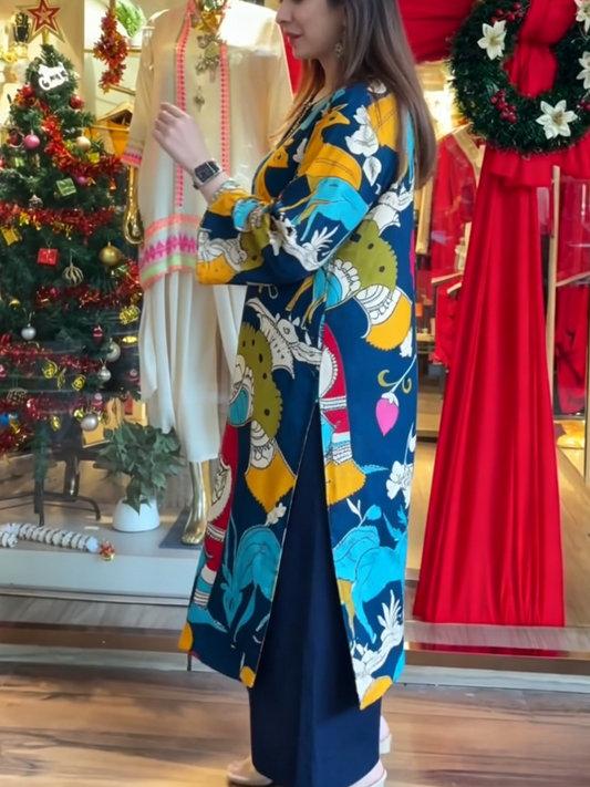 Navy Calendar Myth Print Long Kurta Tunic Dress - allsose