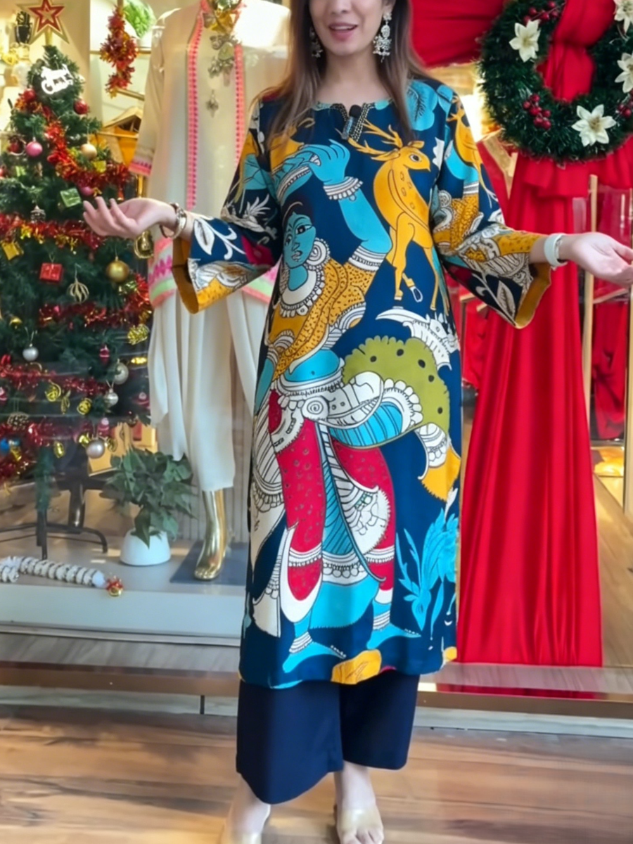 Navy Calendar Myth Print Long Kurta Tunic Dress - allsose