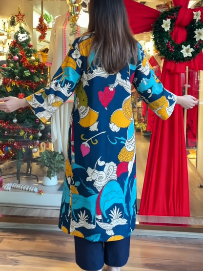Navy Calendar Myth Print Long Kurta Tunic Dress - allsose