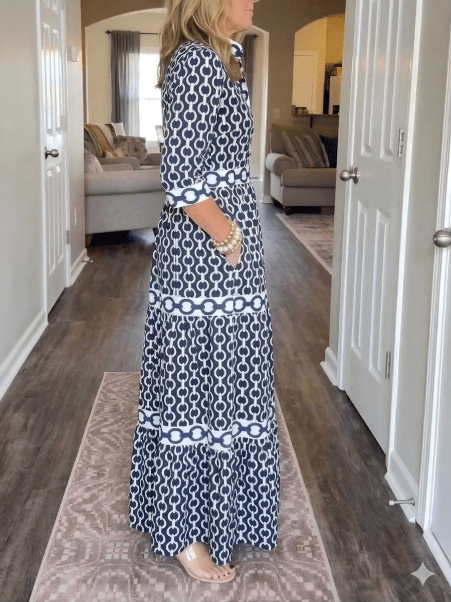 Navy Chain Print Tiered Maxi Dress - allsose