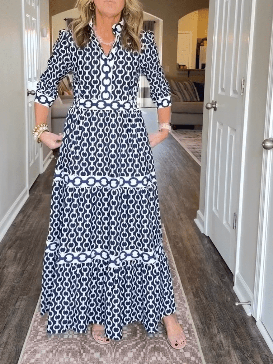 Navy Chain Print Tiered Maxi Dress - allsose
