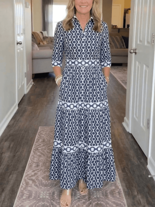 Navy Chain Print Tiered Maxi Dress - allsose