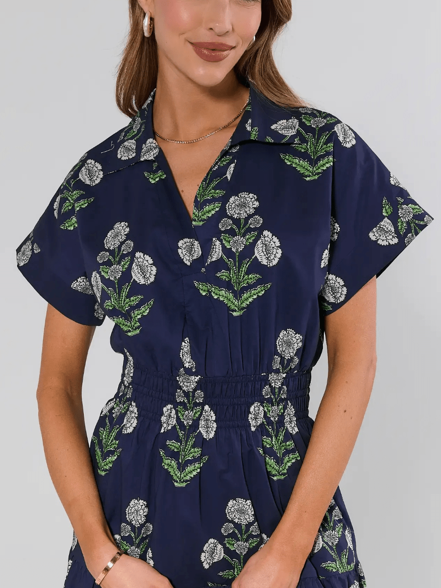 Navy Floral Print Midi Dress - allsose