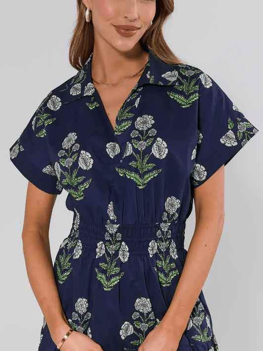 Navy Floral Print Midi Dress - allsose